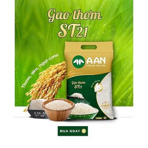 Gạo Thơm ST21 A AN Túi 5Kg - Đặc sản Sóc Trăng - Thơm hoa lài nhẹ, cơm ngọt, rất dẻo, để nguội vẫn mềm